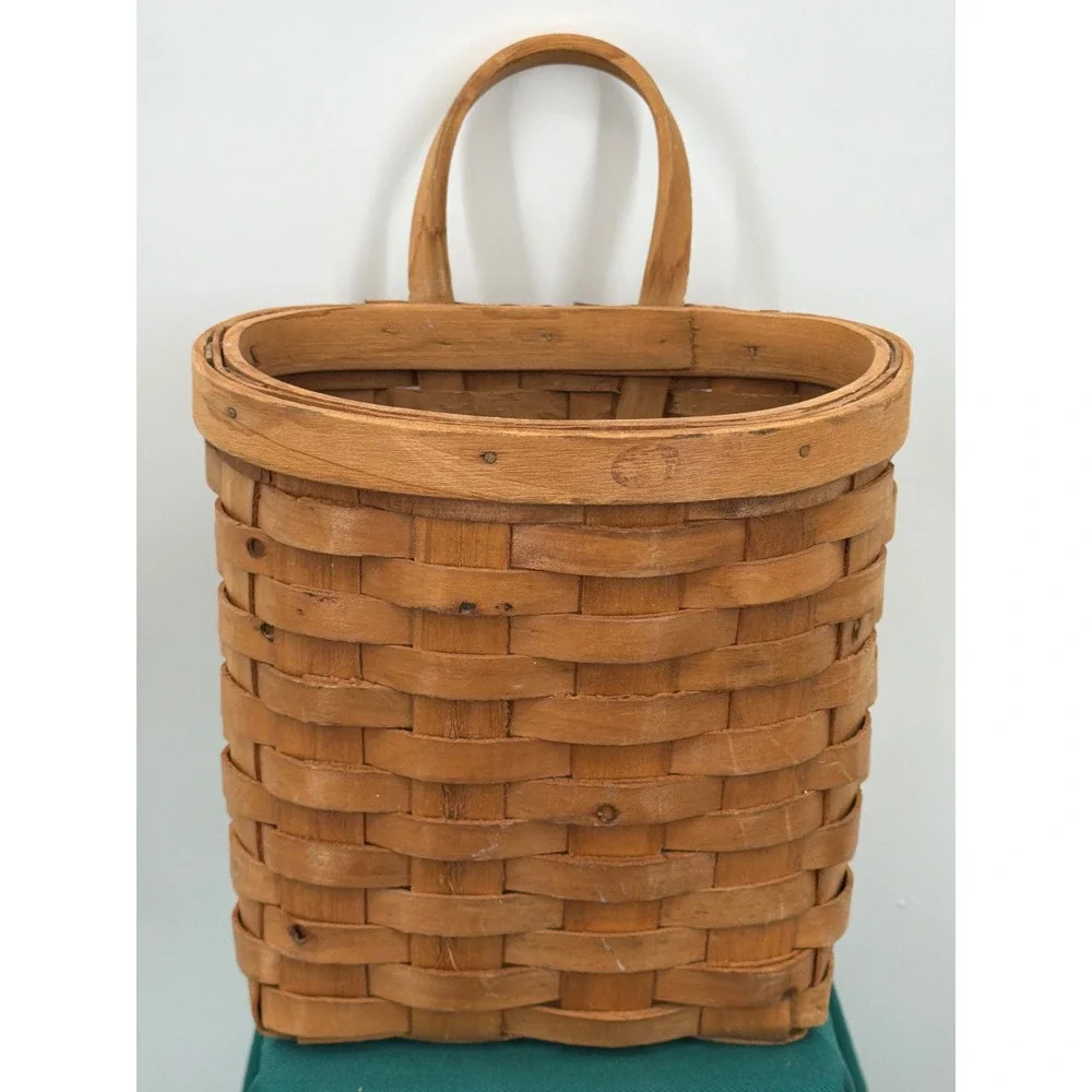 Vtg Longaberger Woven Wood Splint Hanging Wall Basket Pocket Farmhouse Decor
